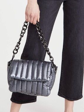 THINK ROYLN Metallic Gray Quilted Shoulder Bag with Chunky Chain